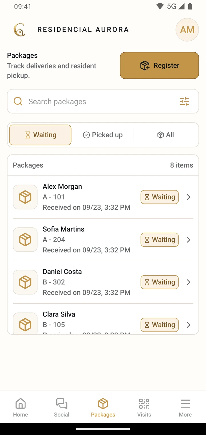 CondViva package screen with search and status filters