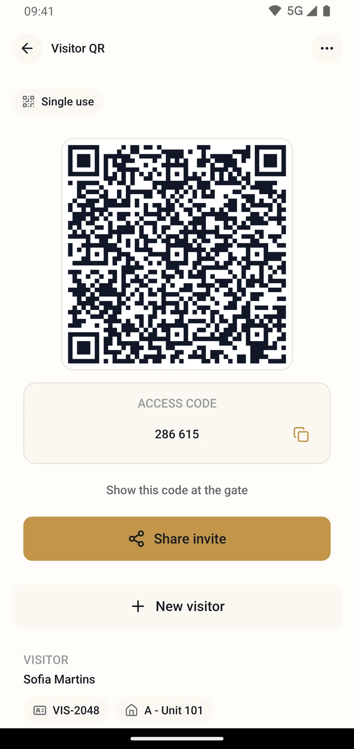 CondViva visitor screen with QR code access
