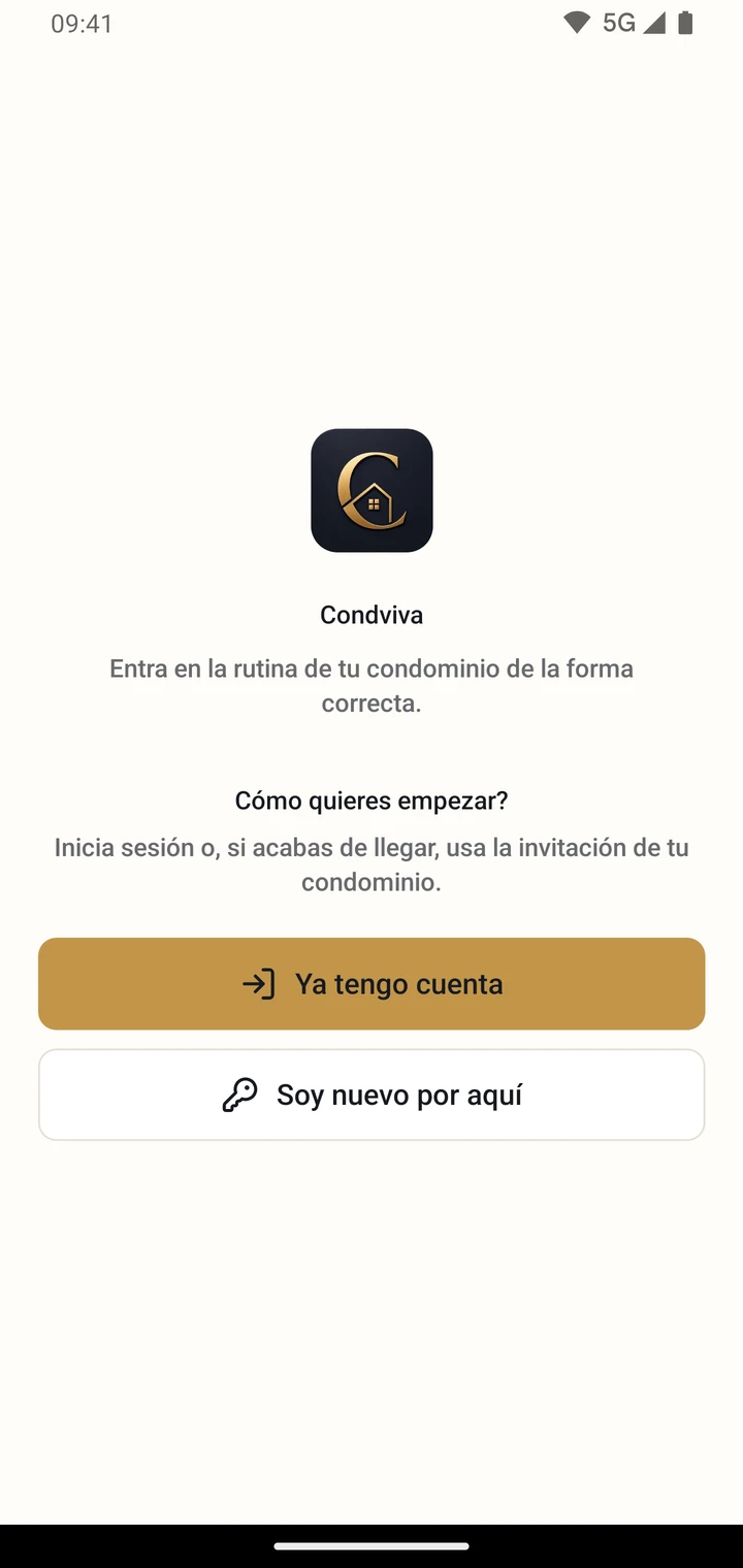 Pantalla de bienvenida de CondViva con opciones de iniciar sesión y aceptar una invitación