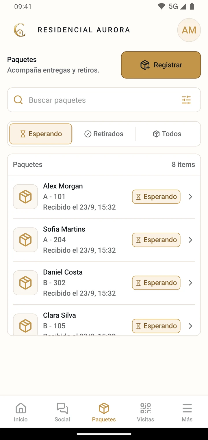 Pantalla de paquetes de CondViva con búsqueda y filtros de estado