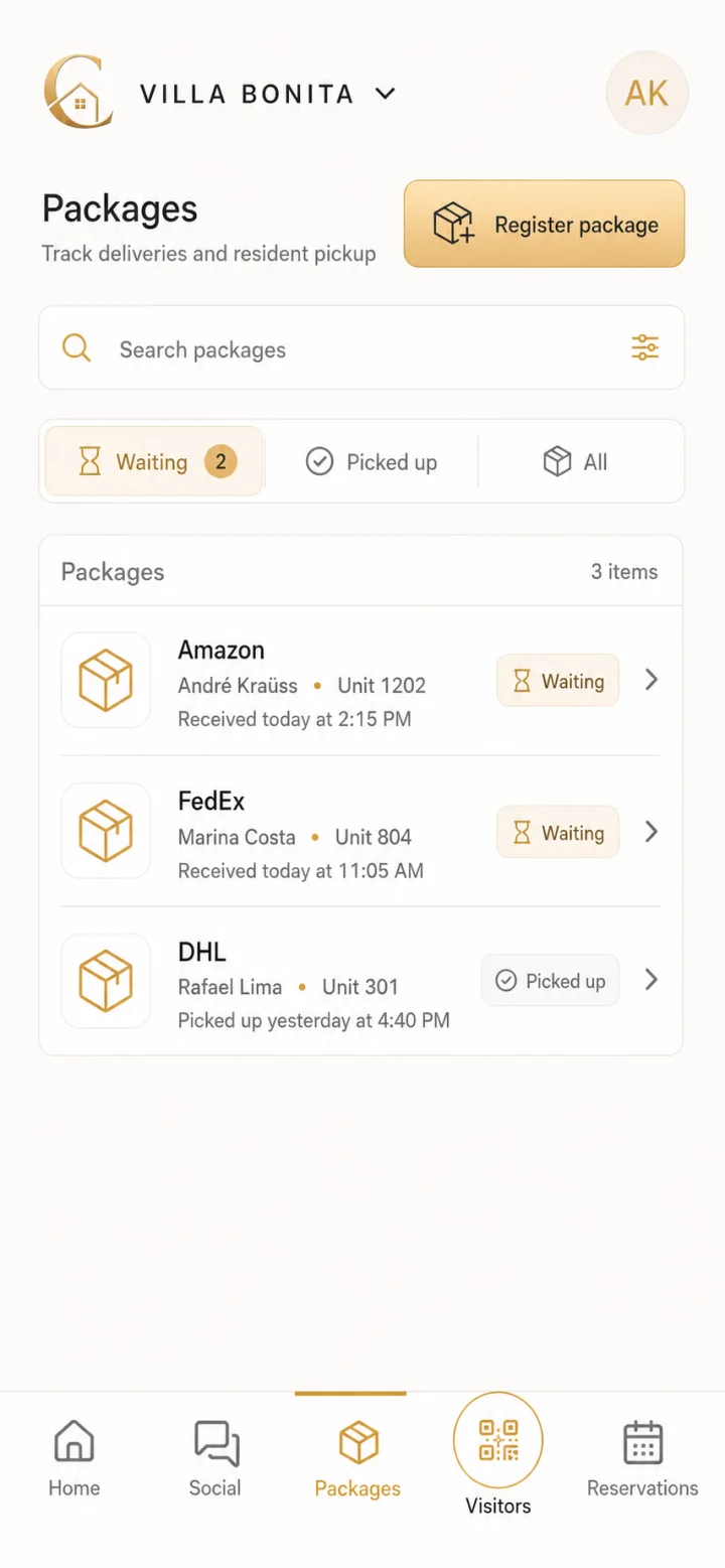 Tela de encomendas do CondViva com busca e filtros de status