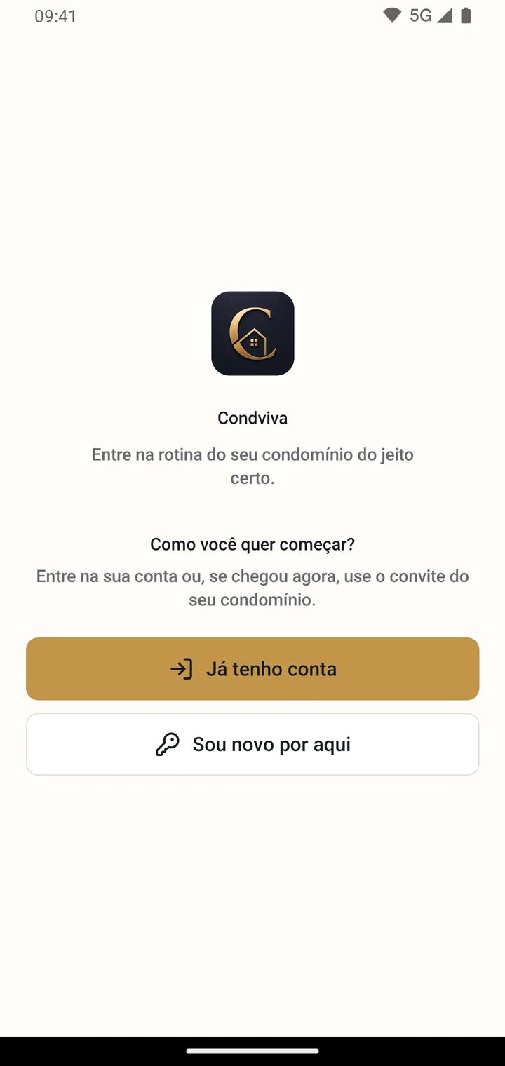 Tela de boas-vindas do CondViva com opções de entrar e aceitar convite