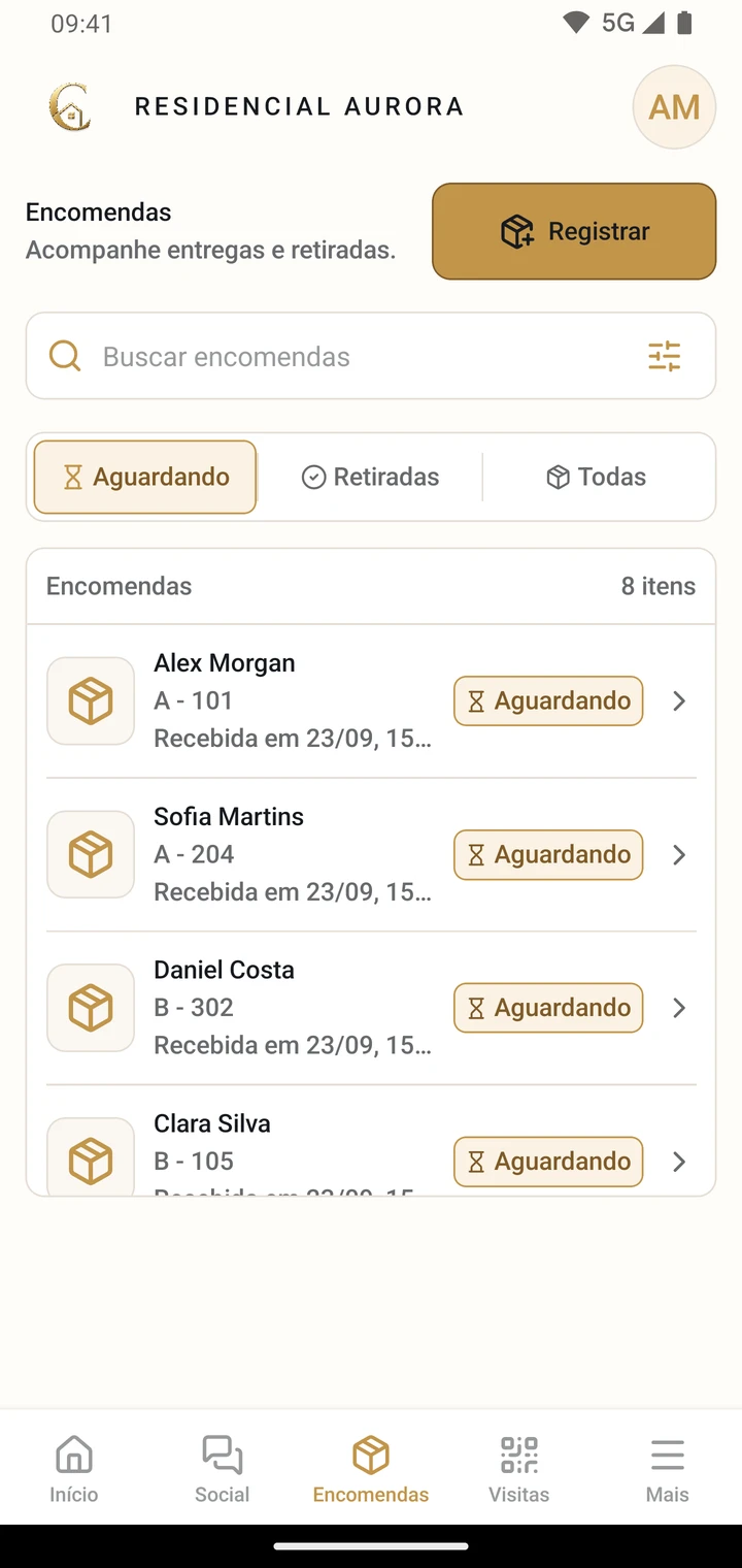 Tela de encomendas do CondViva com busca e filtros de status