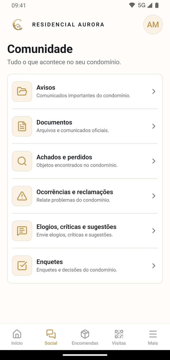 Tela Comunidade do CondViva com avisos, documentos e enquetes
