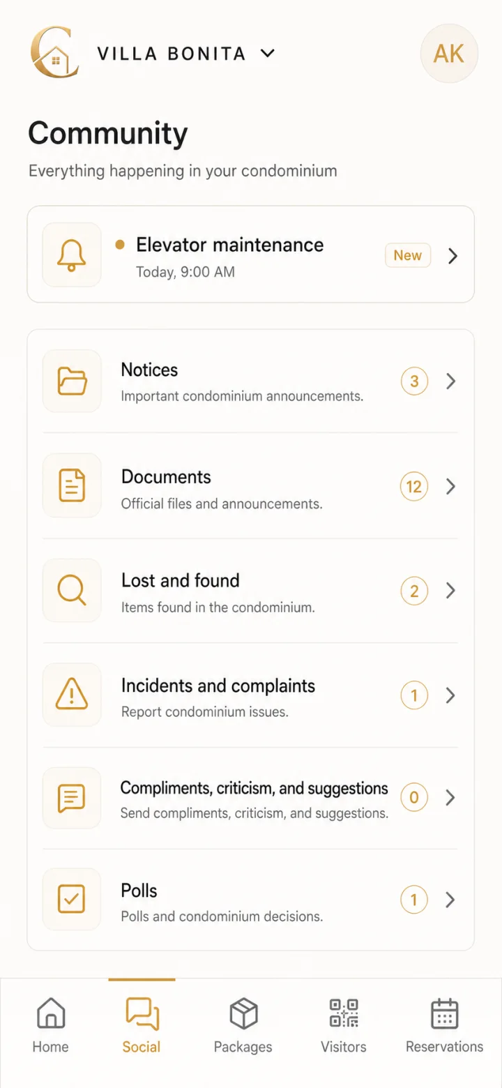 Tela Comunidade do CondViva com avisos, documentos e enquetes