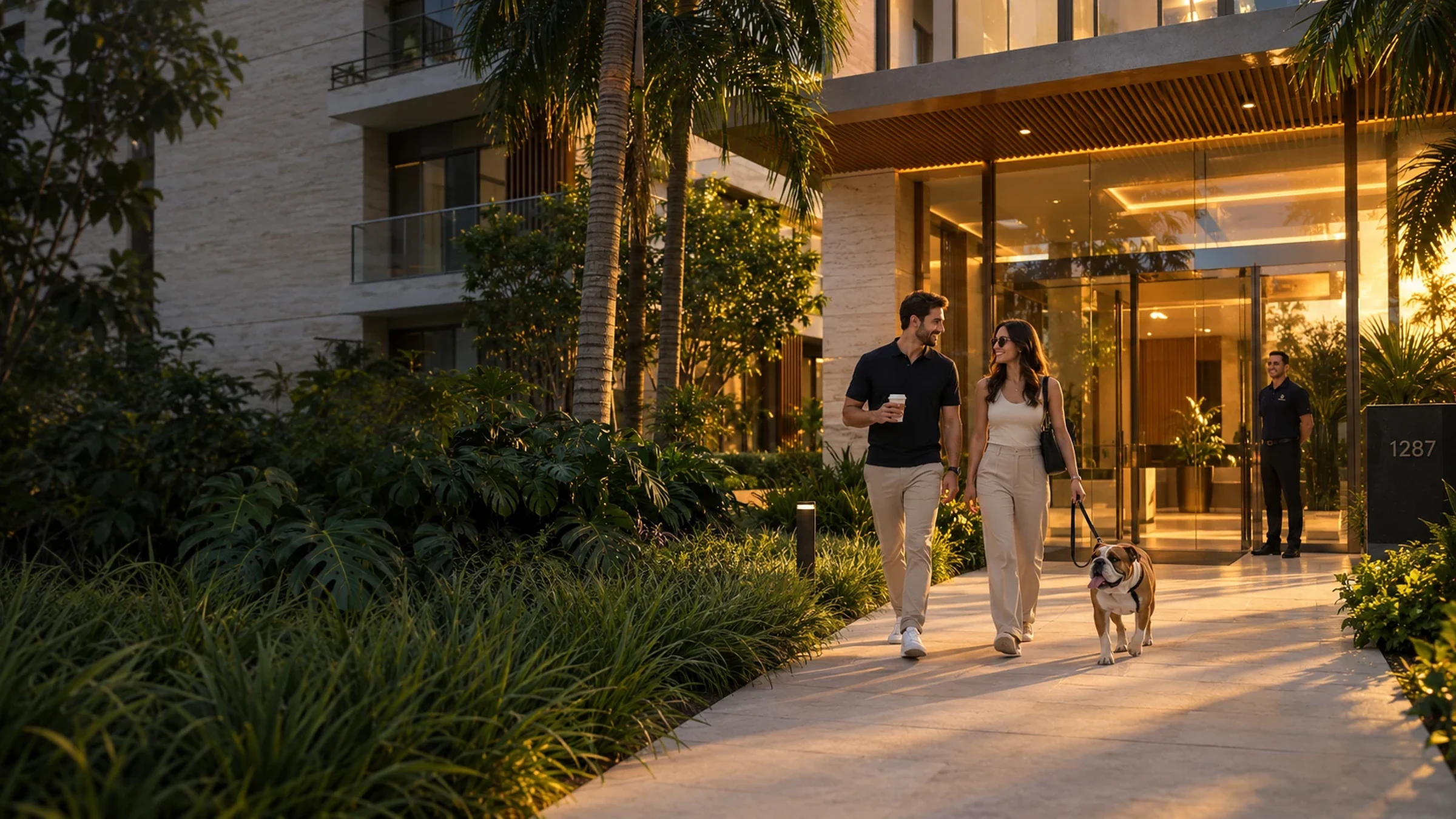 Casal com um buldogue caminhando na entrada de um condomínio, com o porteiro na recepção